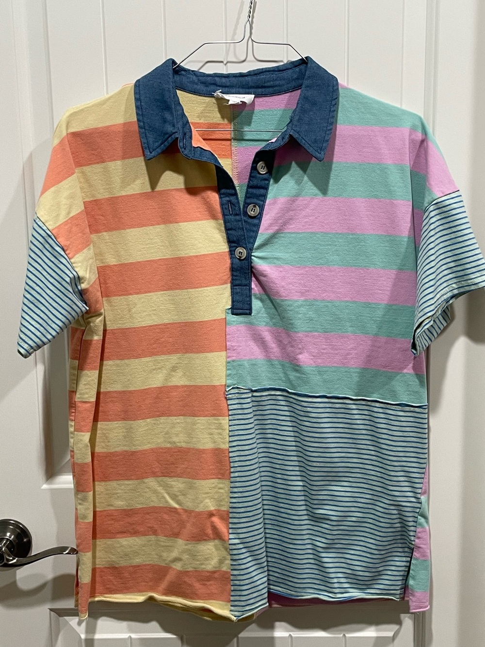 HEYSON Color Block Striped Polo Rugby Tee Pastel Blue Yellow Sz L Little Loved